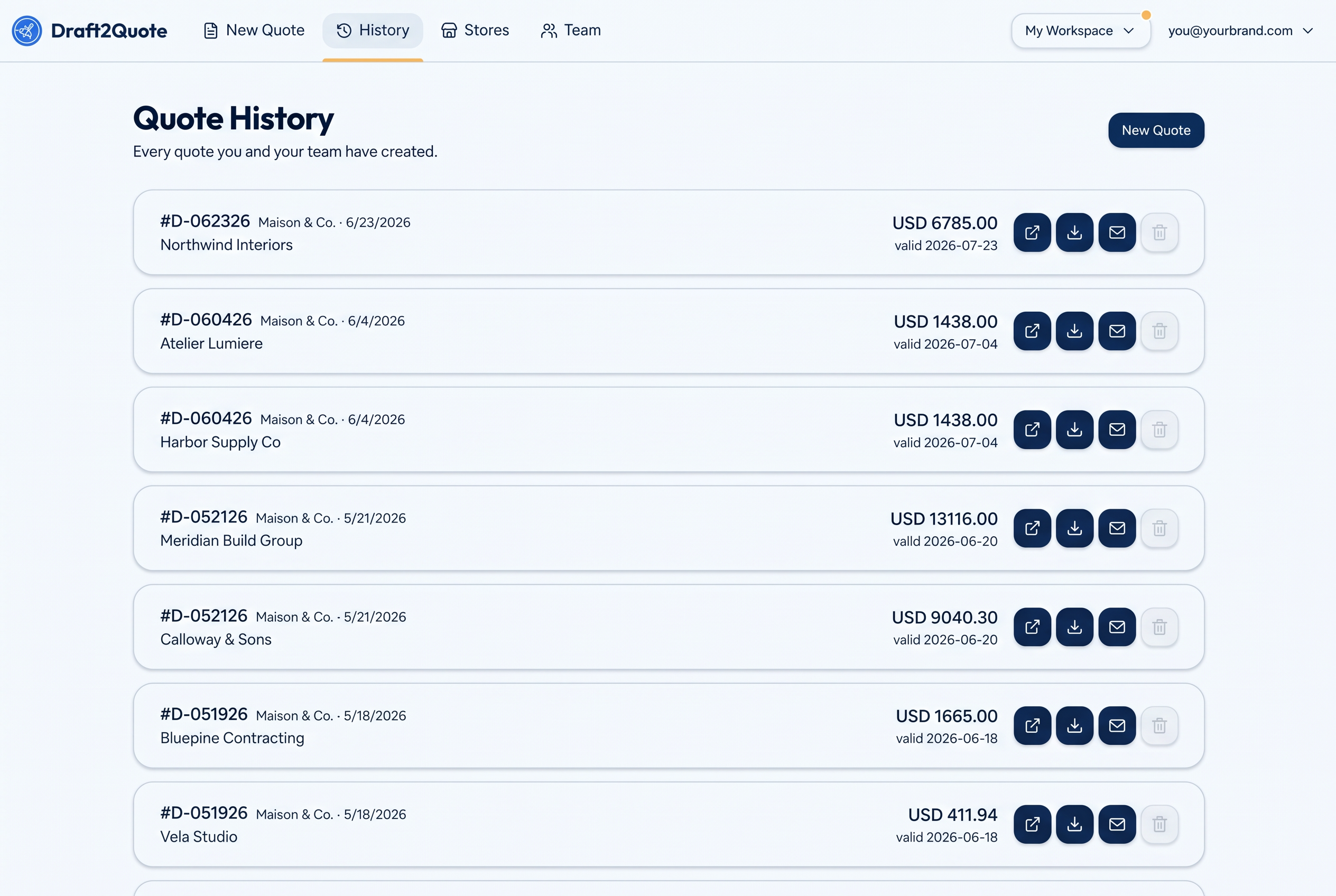 Quote History screen listing saved quotes with totals, validity dates and download, email and delete actions